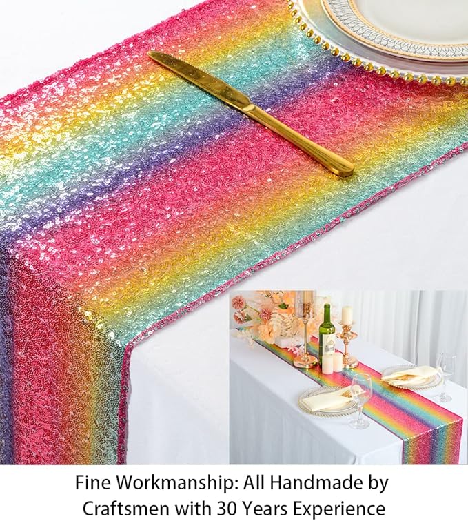 ShinyBeauty Multicolor Sequin Table Runner 12x108-Inch Party Table Runner Rainbow Sequin Runner -719S(Pack of 1)