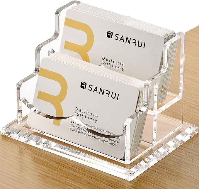SANRUI Clear Horizontal Business Card Holder Stand for Desk, Acrylic Desktop Display Name Cards Holders Organizer Storage Rack,for Exhibition, Home, Office,2 Tier 2 Pocket, 120 Card Capacity