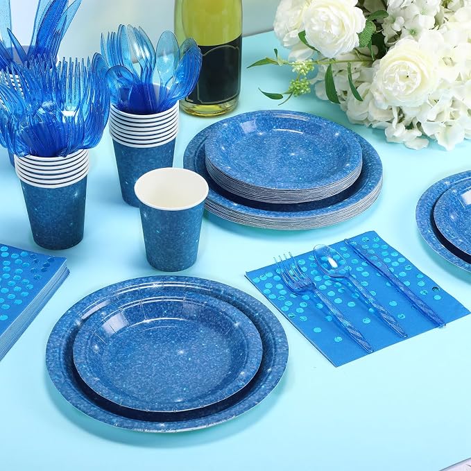 Hushee 175 Pcs 25 Guests Dark Blue Paper Party Plates and Cups Napkins Sets Holographic Glitter Disposable Dinnerware Plastic Forks Knives Spoons Birthday Bachelorette Wedding Party Supplies
