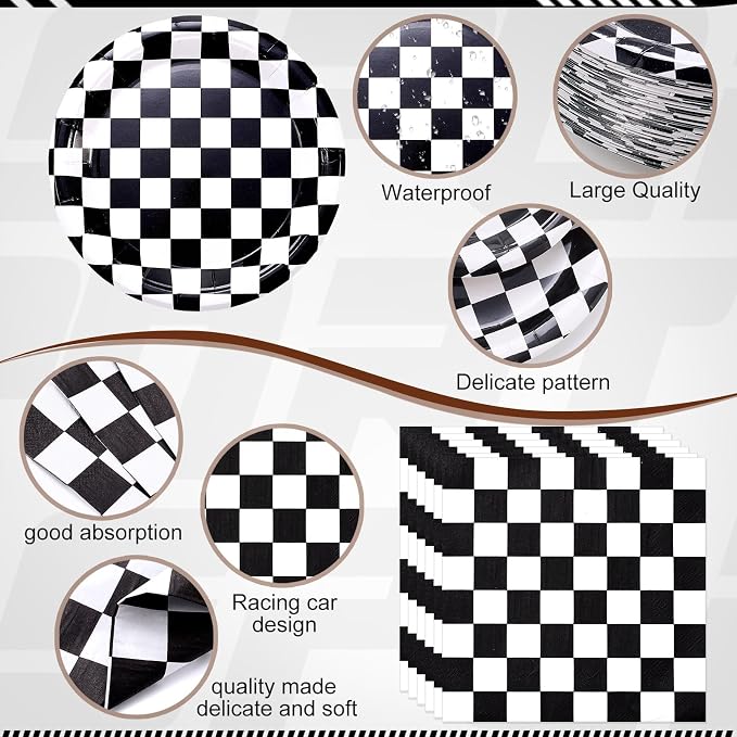 Funnymoom 452 Pcs Checkered Flag Party Supplies for 50 Guests, Black and White Checkered Paper Plates Napkins Cups Tablecloth Cutlery Straws for Race Car Birthday Party Decorations