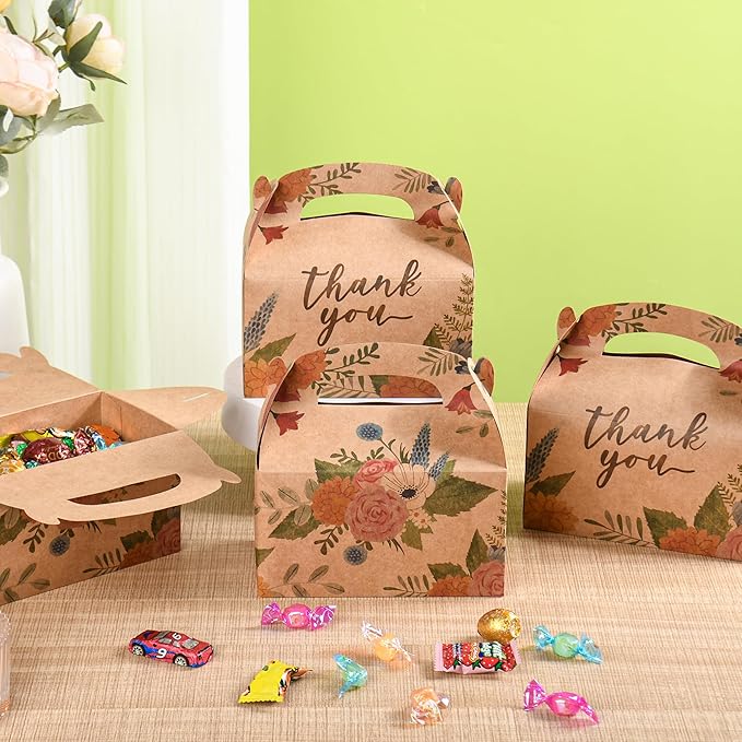 DjinnGlory 36 Pack Brown Kraft Party Favor Treat Boxes for Wedding, Bridal Shower, Annivesary, Christmas and all Occasion, Floral Thank You Gable Boxes for Small Business 6.18x3.58x3.39 Inches