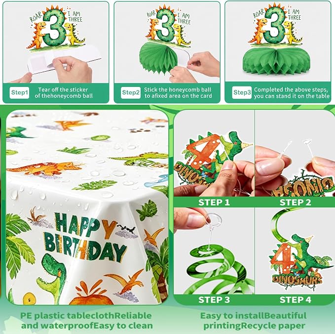 Three Rex Bday Decorations for Boys Dinosaur 3rd Bday Party Supplies Pre-strung Banners T-rex 3 Rex Dino Tableware Honeycomb Centerpieces Talbelcoth Hanging Swirls Cupcake Topper Balloons Serve 25
