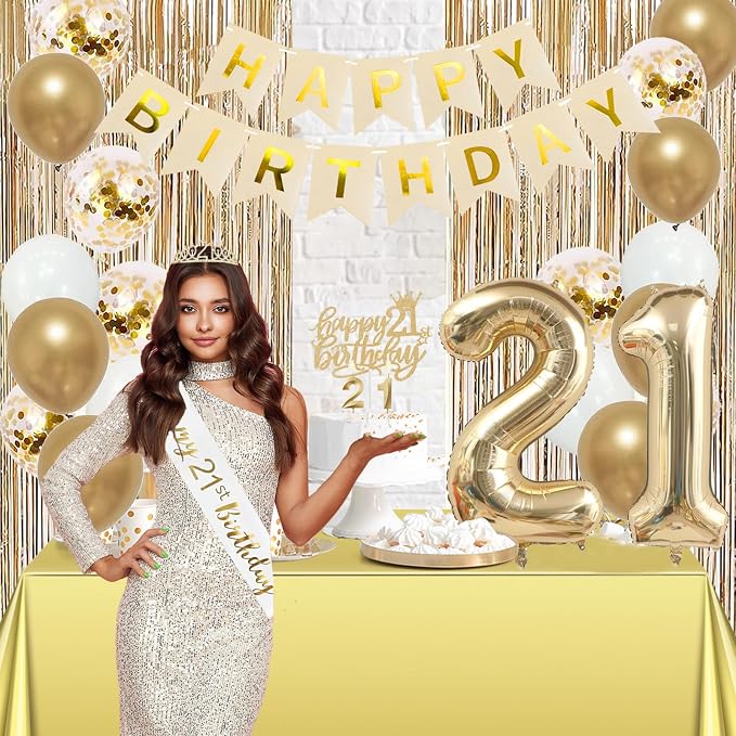 Trgowaul 21st Birthday Decorations for her, Champagne Gold Happy 21st Birthday Supplies for Girls, 21 Sash and Crown, Banner, Fringe Curtains, Cake Topper, 21 Year Old Party Supplies Set