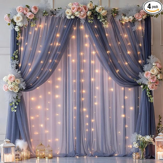 20x10ft Navy Blue Tulle Backdrop Curtain with Lights String for Parites, Sheer Photo Backdrop Curtains with Lights for Wedding Backdrop Ceremony Reception Bridal Shower Baby Shower Birthday Party