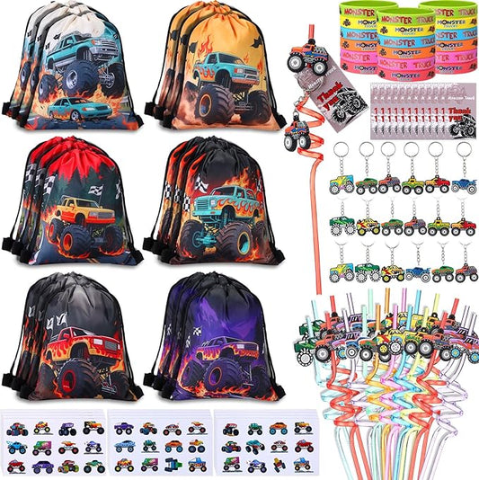 LemonRoad 109 Pcs Monster Truck Party Favors Set Birthday Supplies Includes Drawstring Bags Keychains Bracelets Stickers Straws Tags for Monster Truck Theme Party