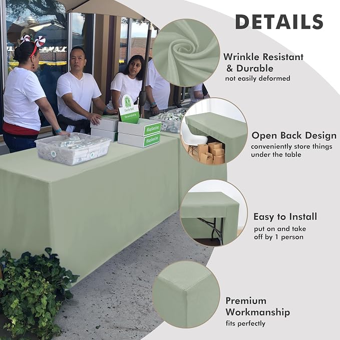 Nasitos 2 Pack Sage Green 6ft Table Cloth Fitted-Open Back Folding Table Cover Washable Fabric and Wrinkle Resistant Table Cloth for Trade Show, Book Fair, Career Fair, Convention, Events