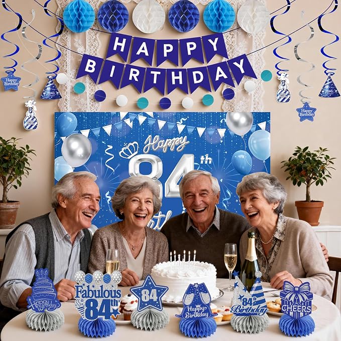 Happy 84th Birthday Party Decoration: Including Birthday Banner Backdrop, Party Table Centerpieces and Hanging Swirl Party Streamers, Birthday Decor for Men and Women (Blue, 84th Birthday)