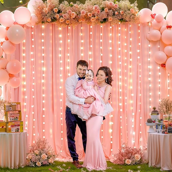 10x10ft Dusty Pink Backdrop Curtains with Lights Photo Drapes Wrinkle Free Fabric Backdrop Curtain for Wedding Birthday Party Baby Shower Bridal Shower Home Party Background Decorations