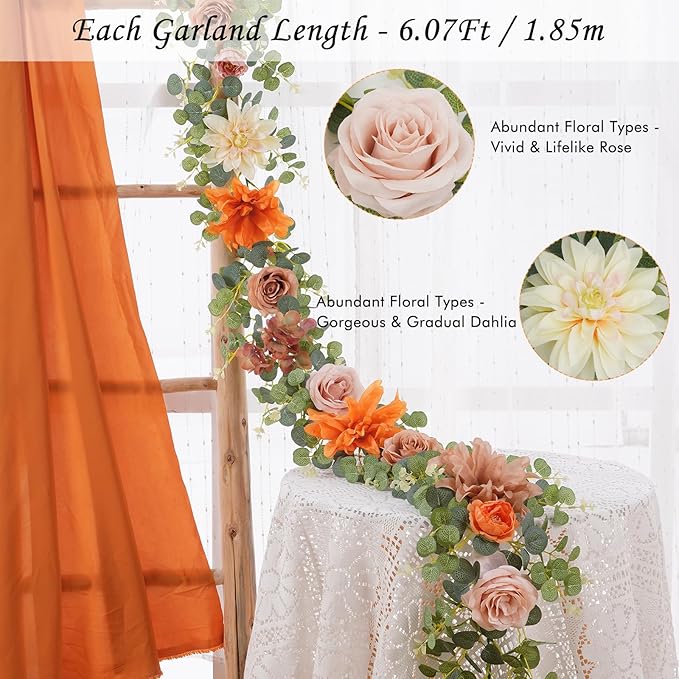 Waipfaru 6Ft Fall Garland Decor, 6Ft Eucalyptus Flower Garland for Table, Fall Floral Vines with Terracotta Flowers for Wedding Arch Backdrop Wall Thanksgiving Decorations (Terracotta)