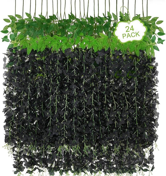 24Pcs Artificial Wisteria Hanging Flowers, 3.6Ft/Pcs Black Fake Wisteria Garland for Wedding Party Home Garden Indoor Outdoor Decoration