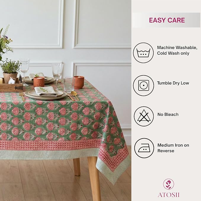 ATOSII Roma Green 100% Cotton Spring Summer Tablecloth, Handblock Print Rectangle Table Cover for Kitchen Dining Linen I Parties, Outdoors, Wedding, Easter Table Cloth I 72 X 108 Inches I 8 Seater