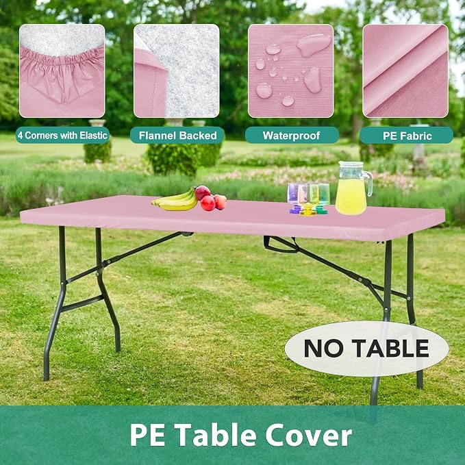 LUSHVIDA 6 Packs Vinyl Tablecloths with Flannel Backing for 6ft Rectangle Folding Table Cloths - Waterproof Plastic Picnic Table Covers with Elastic Corners, 30x72 inch, Pink