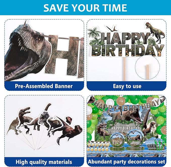 189 Pcs Dinosaur Birthday Party Supplies Set Dinosaur Party Decorations Kit Dinosaur Plates for Birthday Party Includes 24 Guests Tablecloth Backdrop Banners Cake Topper Baby Shower Kids Party Favors