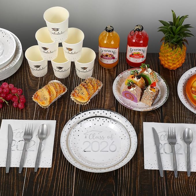 175pcs Class of 2026 Graduation Plates and Napkins Set, Disposable Paper Plate Set Polka Dots Napkins Cups Knife Fork Spoon for Graduation Party Decorations and Supplies,Serve 25 (White Silver)