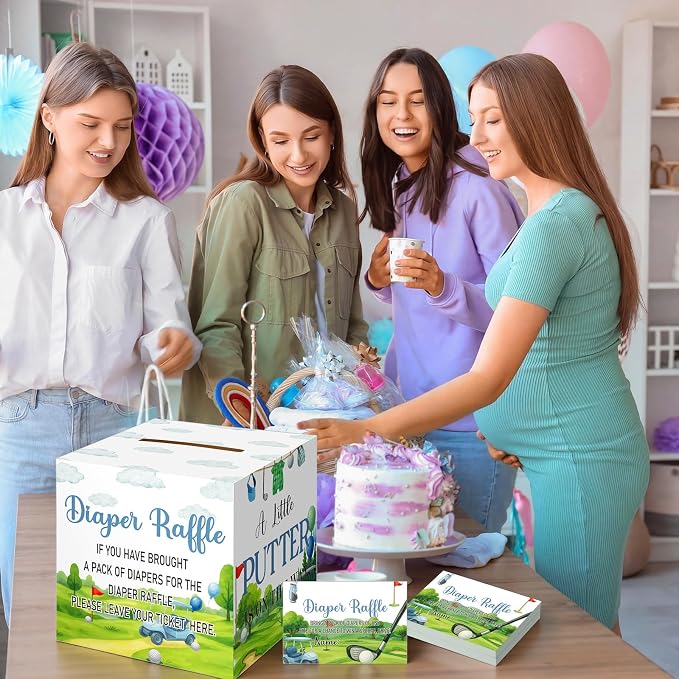Teling 51 Pieces Diaper Raffle Tickets Box with Card Baby Shower Decorations Gender Reveal Holder Box for Girl Boy Diaper Raffle Party (Golf Style)