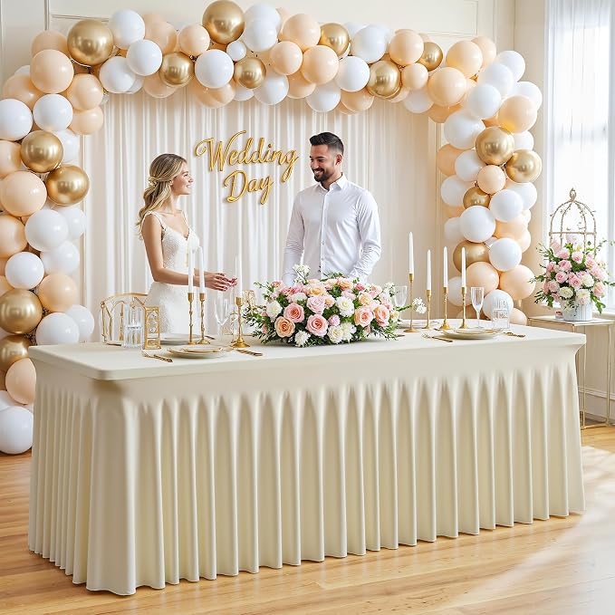 6 Pack Beige Table Cloth for 6 Foot Rectangle Tables Spandex Fitted Tablecloth 6ft Stretch Table Covers Skirt Beige Banquet Tablecloths Wrinkle Free Tablecloth for Party Wedding Birthday Event
