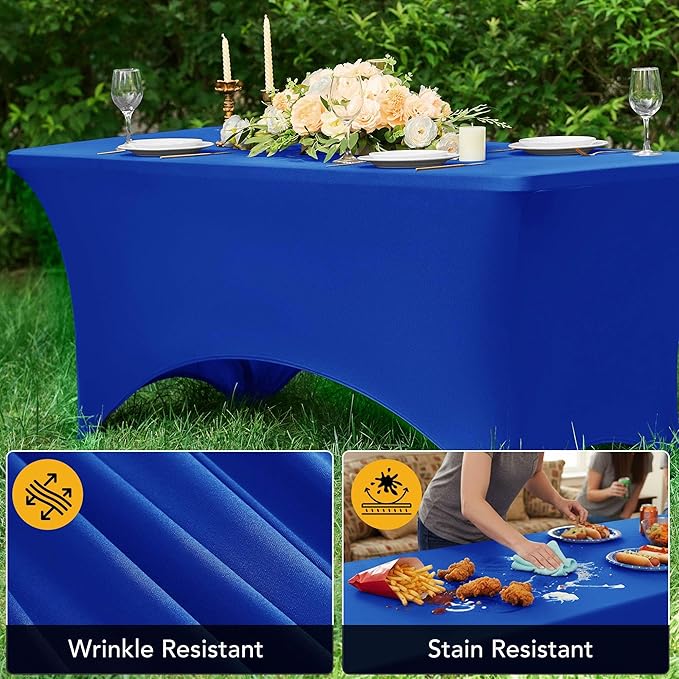 6-Pack Premium Royal Blue Spandex Tablecloths for 8ft Rectangle Tables, Stain & Wrinkle-Resistant, Washable Stretch Polyester Fitted Table Cover for Weddings, Banquets, Trade Shows Events