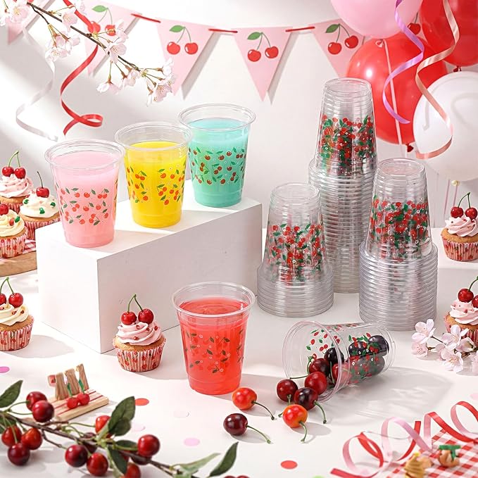 Funnymoom 60 Pack Cherry Plastic Cups 12 oz Red Cherry Disposable Clear Plastic Drinking Cups for Summer Spring Fruit Theme Baby Shower Birthday Holiday Party Decoration Favors Supplies