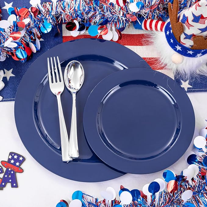 FLOWERCAT 60PCS Blue Plastic Plates - Heavy Duty Blue Plates Disposable (10.25" & 7.5") - serve for 30guest Birthday Party/Wedding/4th of July