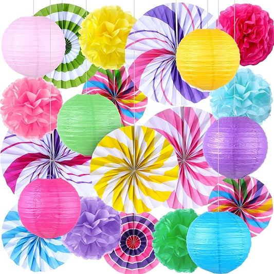 Outus Hanging Decorations Candy Party Paper Fans Lollipop Tissue Pom Poms Colorful Candy Themed Paper Lanterns for Candyland Party Supplies Classroom Ceiling Wall Decor