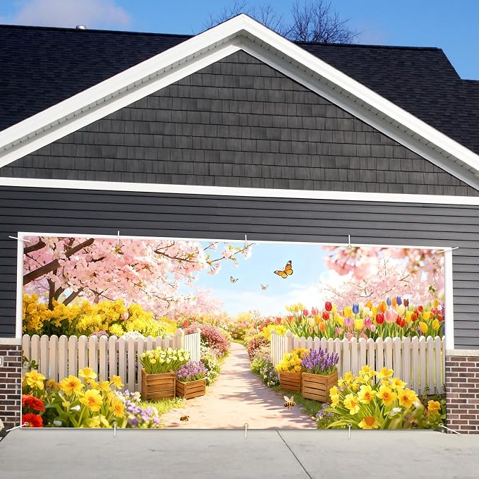 Garden Garage Door Banner Cover 7x16ft Waterproof -Cherry Blossom Floral Backdrop with Butterflies,Spring Easter Wedding Decor,Photo Booth Background