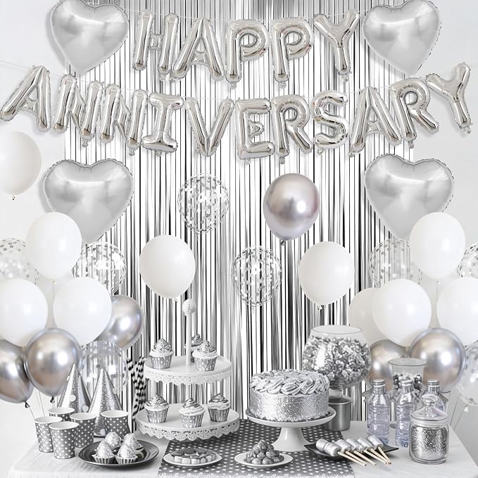 Anniversary Decorations Silver,Happy Anniversary Balloon Banner with Heart Foil Balloons Fringe Curtain for Wedding Party Valentine's Day Romantic