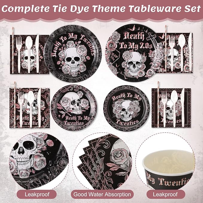 450 Pcs Death to My 20s Tableware Set Rose Gold Black 30th Birthday Party Decorations Rip to My 20s Paper Plates Napkins Cups Cutlery Straws for Women Funeral My Youth Birthday, Serves 50