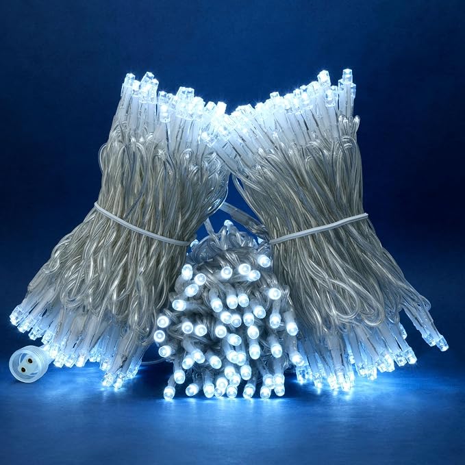 YULETIME 300 Cool White String Lights, 100 ft Clear Wire 8 Models 5mm LED | Wide Angle Bulbs, Safe 29V Adapter, Multimode Lighting, Connectable, 100' Total Length, 1-Strand 300 Lights, 4" Spacing