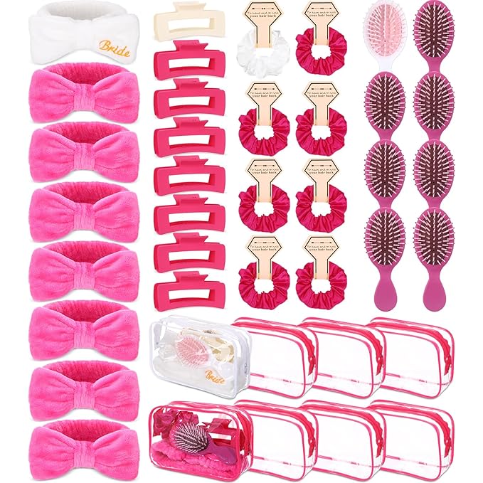 40 Pcs Bachelorette Favor Set Include Headband Scrunchies Hair Claw Clips Hairbrush and Makeup Bag for Bridal Shower Party Gifts Bridesmaid Wedding Supplies(White and Rose Red)