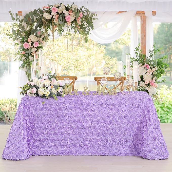 Fanqisi 3D Floral Satin Tablecloth Rectangular Lavender Table Cover 90x156 Inches Rosette Table Cloth for Birthday Party Decorations