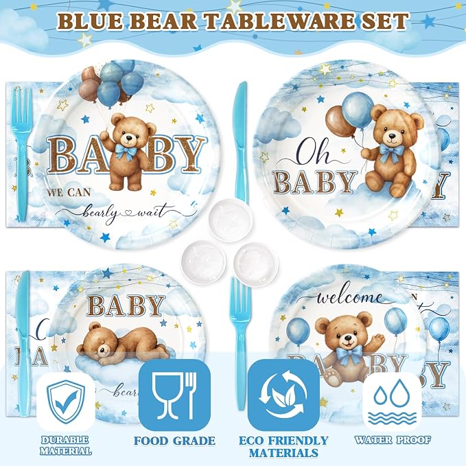 205 Pcs Blue Bear Baby Shower Decorations Boy - Serve 24, Baby Boy Party Supplies Set with Banner, Plates, Napkins, Tablecloth, Balloons, Swirls, Cake Toppers