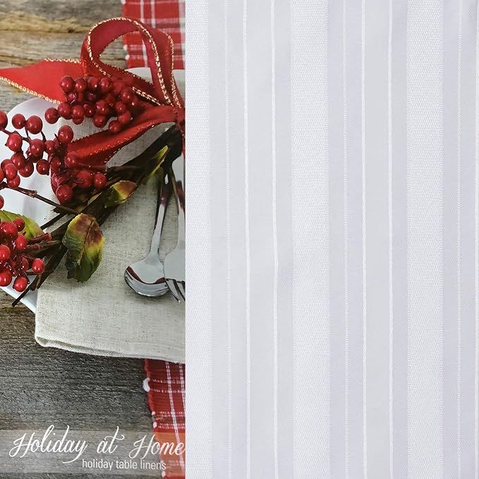 Newbridge 70 Inch Round White Fabric Tablecloth, Denley Satin Stripe, Heavy Weight No Iron Polyester Holiday Dining & Party Table Cover