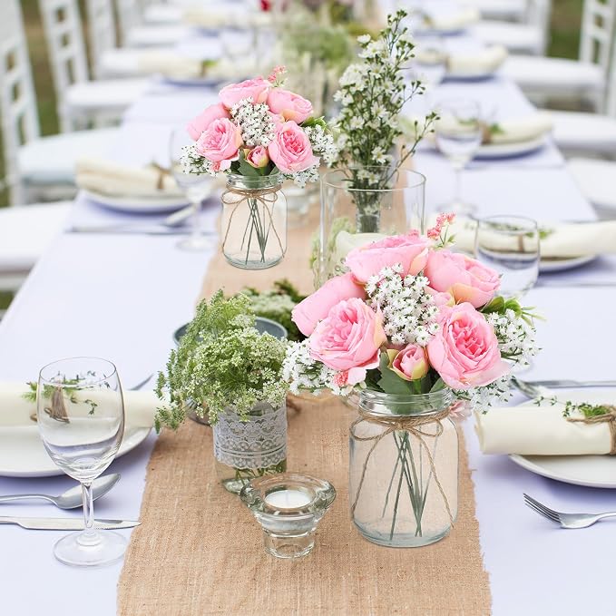 Zeyune 6 Sets Mason Jar Centerpiece Table Decorations, Artificial Peony Baby's Breath Flower Bouquets, Faux Flowers with Vase, Rustic Decor Gifts for Home, Wedding, Holiday (Coral Pink)