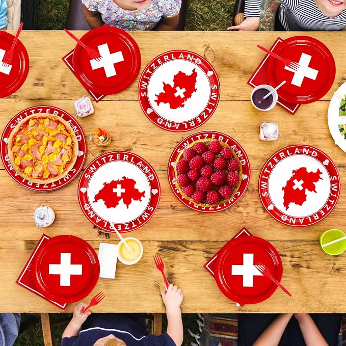 Grencian 96Pcs Switzerland Party Supplies Swiss Flag Plates and Napkins Disposable Switzerland Paper Plates Swiss National Day Decorations Tableware Kit for Football Events Travel, Cultural