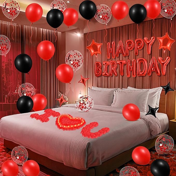 Red Happy Birthday Balloons Decorations Red and Black Birthday Balloon Letters Banner with 6 Pcs Star Balloons 1000 Artificial Rose Petals 24 Flameless LED Candles for Birthday Party Supplies Decor