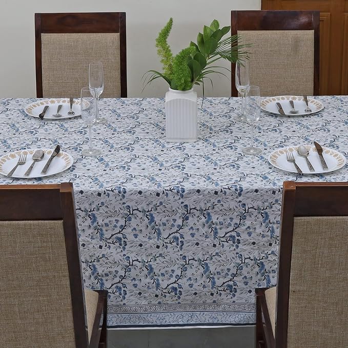 Ridhi Spruce Carolina Blue Hand Block Print Cotton Rectangle Tablecloth 90" x 60" inches Reusable Table Cover Decorative Everyday Use for Dining Room, Farmhouse, Home Gift for Spring, Mother's Day
