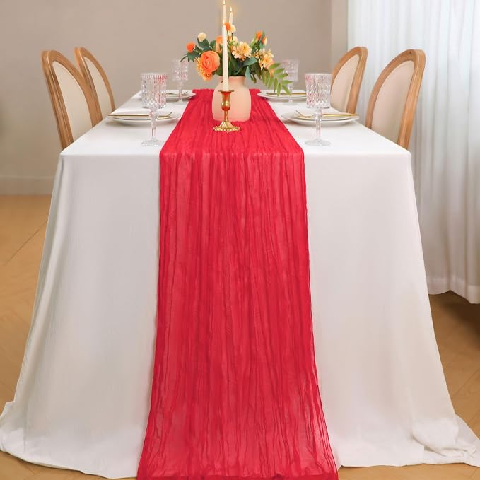 Snowkingdom 6 PCS Red Cheesecloth Table Runner 10 Ft, 120 inch Long Cheese Cloth Gauze Runners for Christmas Wedding Bridal Baby Shower Birthday Holiday Party Table Decorations
