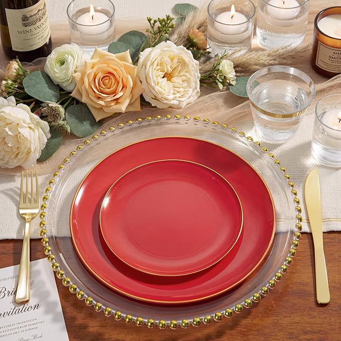 WDF 300Pcs Red Disposable Plates - Red Plastic Plates - 50guest Disposable Dinnerware Include 50 Dinner Plate, 50 Dessert Plate, 150 Cutlery & 50 9oz Cups for Wedding Baby Shower Spring Mother's Day