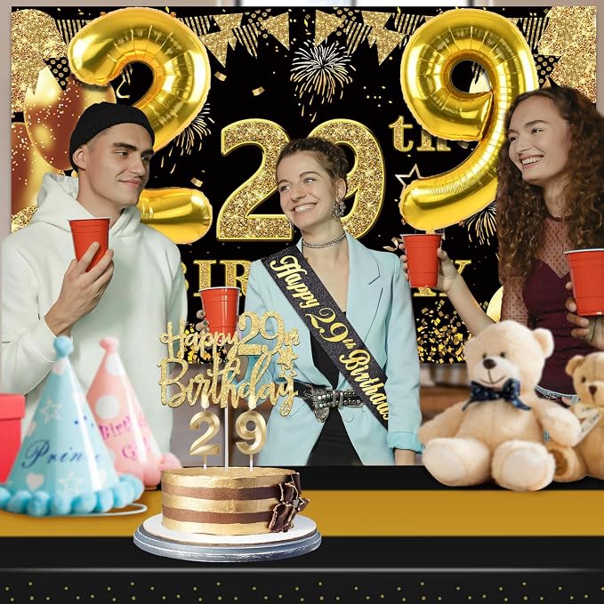 29th Birthday Decorations Men Women with 29th Birthday Banner, Black and Gold Table Cloth, Number Balloons, Large Sash, Cake Topper and Candles