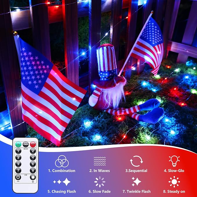 QITONG 2 Pack Fairy Lights Battery Operated, Each 33ft 100LED 4th of July String Lights Outdoor, 8 Modes Silver Wire Twinkle Mini Lights for Patriotic Independence Memorial Decor(Red White and Blue)