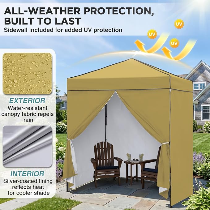 EAGLE PEAK 6x4 Instant Pop Up Canopy Tent with 4 Side Wall Panels, Straight Leg Sun Shelter, Portable Canopy with Carry Bag for Camping, Beach & Sports, Beige