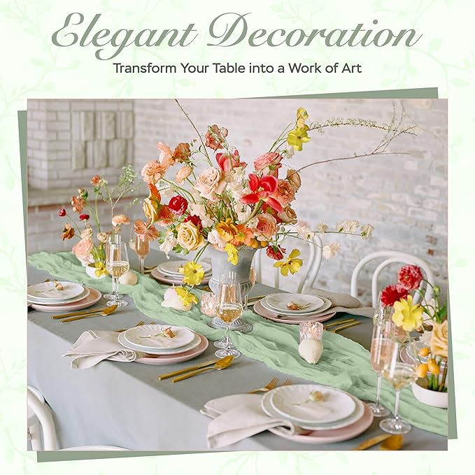 Cheesecloth Table Runner 6 Pack – 35x120 Inch (10ft) Boho Rustic Gauze Cloth Runners – Crinkle Polyester Table Decor for Wedding, Baby Shower, Bridal Shower, Birthday Party and More (Sage Green)