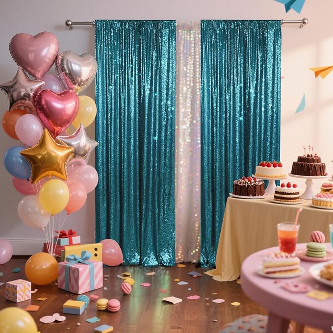 PartyDelight Teal Sequin Backdrop Curtains 2x8ft 2 Panels | 3mm stitched sequin curtain with 4 inch rod pocket for 2x8ft 2 panel doorway window side drape narrow photo booth strip
