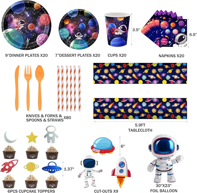 Hombae Outer Space Birthday Party Decorations, Space Themed Party Supplies with Balloons, Backdrop, Dinner & Dessert Plates, Banner, Tablecloth, Cups, Napkins, Cutlery for Kids Birthday