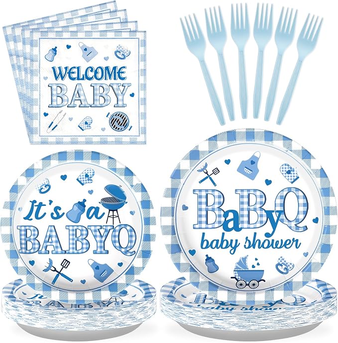Grencian 96PCS BBQ Baby Shower Decorations It’s A BabyQ Party Plates Disposable Blue BBQ Party Tableware Set for Boys Barbecue Themed Baby Shower Gender Reveal Picnic Birthday Party, Serves 24