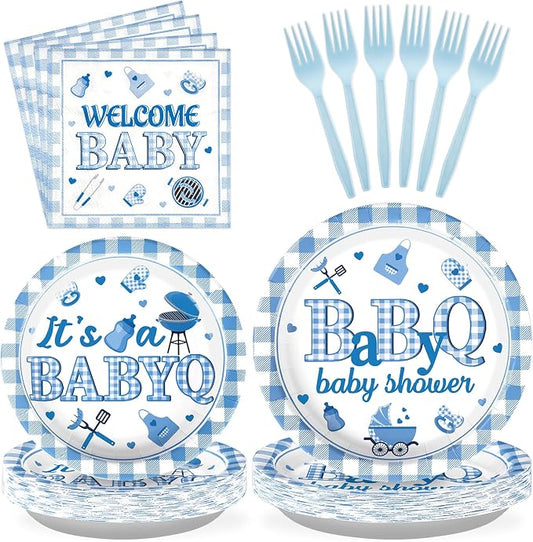 Grencian 96PCS BBQ Baby Shower Decorations It’s A BabyQ Party Plates Disposable Blue BBQ Party Tableware Set for Boys Barbecue Themed Baby Shower Gender Reveal Picnic Birthday Party, Serves 24