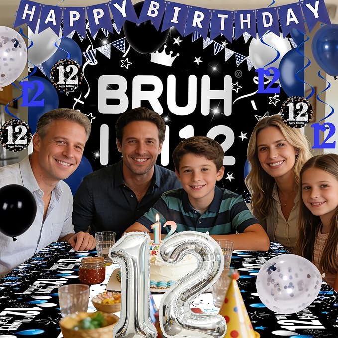 12th Birthday Decorations for Boys & Girls, 54 PCS Blue Black Party Decorations, 12 Year Old Boy Birthday Party Supplie with Banner Backdrop, Hanging Swirls, Tablecloth, Bruh I'm 12 Party Supplies