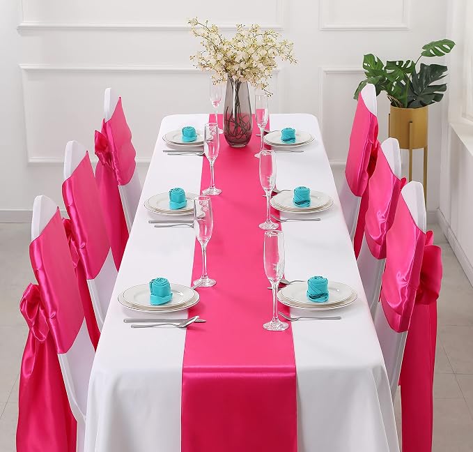 Horbaunal 12 Pack Hot Pink Satin Table Runner 12 x 108 Inch, Smooth Table Runners for Wedding Banquets Birthday Party