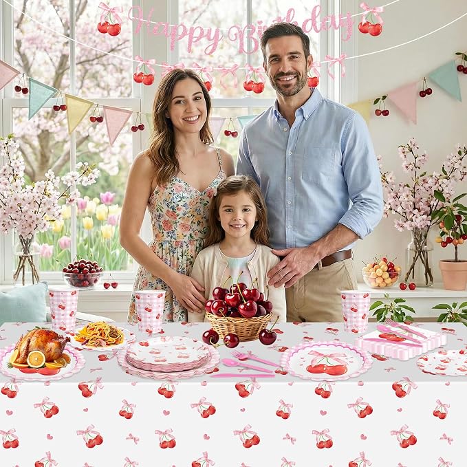 170 Pcs Cherry Birthday Decorations - Pink Bows Party Supplies Set, Happy Birthday Banner, Scalloped Paper Plates Napkins Cups, Plastic Tablecloth, Flatware for Coquette Cherry Bday Party Decoration