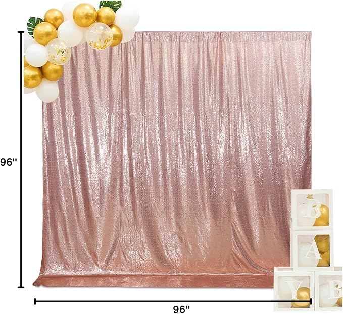 SquarePie 8x8ft Rose Gold Sequin Backdrop for Photography, Satin-Backed Real Sequin Curtain, Enhanced Coverage Shimmering Background with 4" Rod Pocket for Wedding, Birthday, Party Decor, 1 Panel